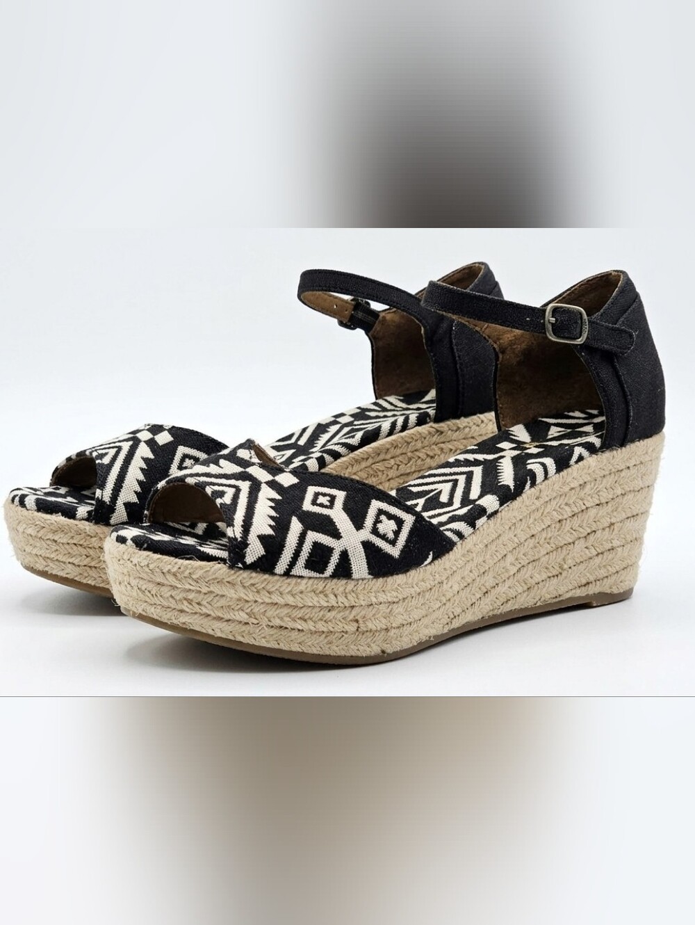 [Toms]Black & White Aztec Espadrille Wedge Open Toe Ankle Strap Sandals 9.5W